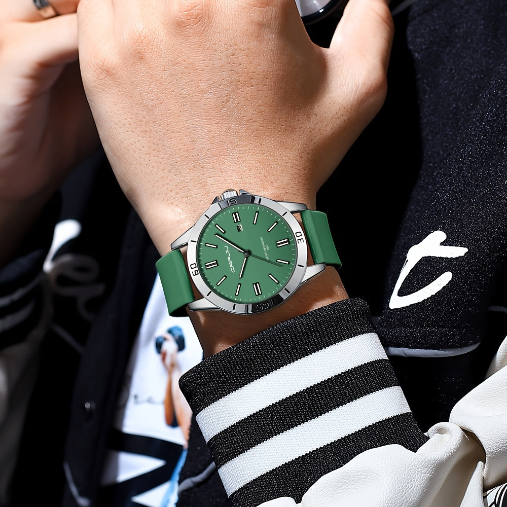 1pc CRJJU Sports Watch 1pc CRJJU Men's Sports Watch | Casual Simple Waterproof Quartz with Calendar, Round Zinc Alloy Case, Rubber Strap, Battery Powered Electronic Movement, Non-Precious Metal, Glow Details