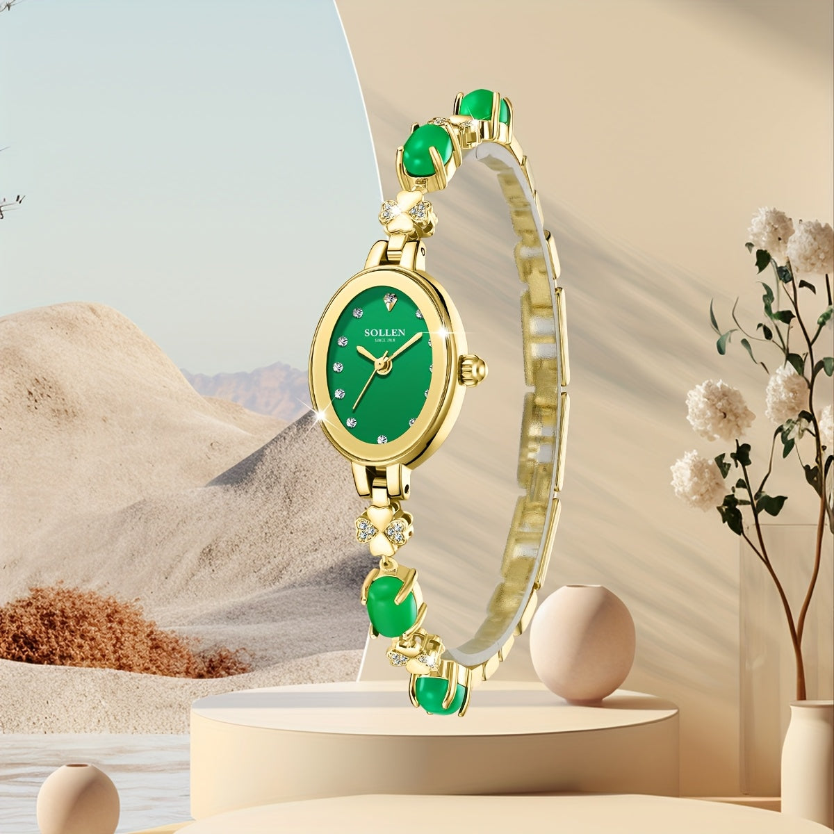 Vintage Oval Radiance Quartz Bracelet Watch for Women - Emerald Green Dial & Rose Golden Case, Sparkling Accents, Elegant Romantic Design for Valentine's Day, Chinese New Year, Mardi Gras Gifts, Bling Watch, Special Occasion Wristwatch, Goldtone Bracelet