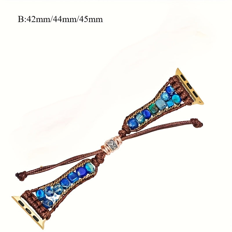 Bohemian Style Deep Blue & Purple Floral Stone Beaded Watch Strap - Handwoven Synthetic Synthetic Stone, Adjustable Metal Clasp for Fitness & Casual Wear, Fitness Accessory, Floral Pattern, Braided Design