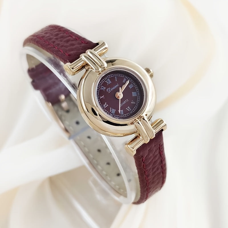 Elegant Women'S Quartz Watch with Red Faux Leather Strap - Bohemian Style, Round Dial, Golden-Tone Case, Perfect Gift for Her, Stylish Accessory|Bohemian Style Watch|Quartz Movement