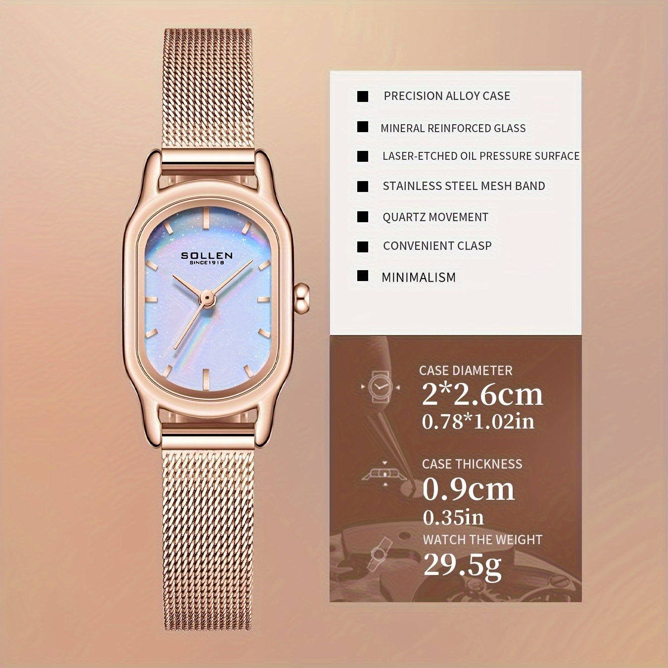 SOLLEN Women'S Quartz Watch - Stylish Colorful Square Dial, Rose Golden Stainless Steel Band, Elegant Pointer Display, Perfect for Birthdays, Valentine's, Mother'S Day & Anniversaries, Wrist Watc
