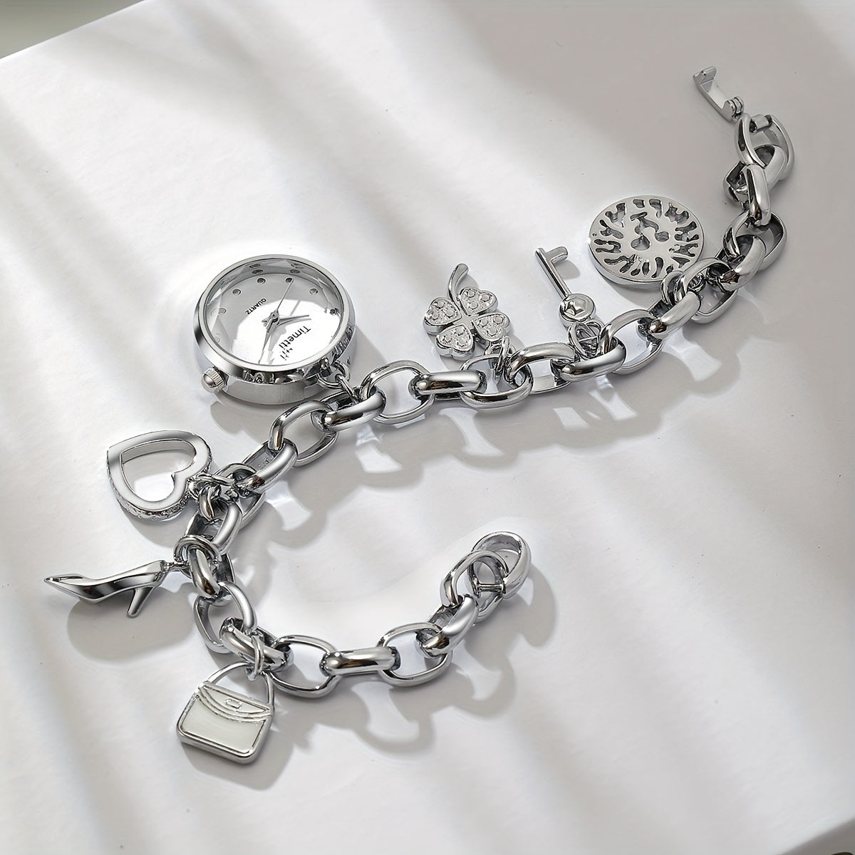 Bohemian Wristwatch Bracelet with Golden-Tone Zinc Alloy Case, Stainless Steel Band & Quartz Movement - Decorative Charms (Clover, Key, Star) for Casual Attire or Gift