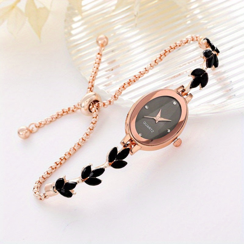 Elegant Rose Golden Women'S Watch with Black Leaf Accents - Mechanical Movement, Alloy Case & Band, Dial Display, Non, Stylish Accessory for Casual Attire, Casual Accessory | Elegant Watch Design | Alloy Watch Case