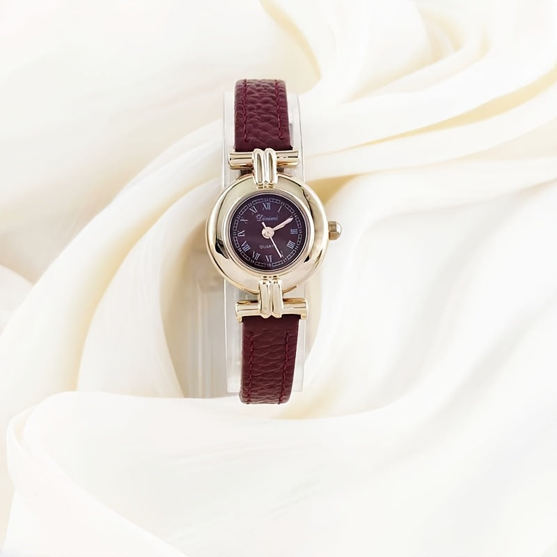 Elegant Women'S Quartz Watch with Red Faux Leather Strap - Bohemian Style, Round Dial, Golden-Tone Case, Perfect Gift for Her, Stylish Accessory|Bohemian Style Watch|Quartz Movement