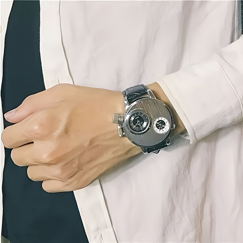 Elegant Watch Vintage Men's Large Dial Watch | Fashionable Dual Time Zone, Quartz Movement, Alloy Case, Black Faux Leather Strap, Battery Operated
