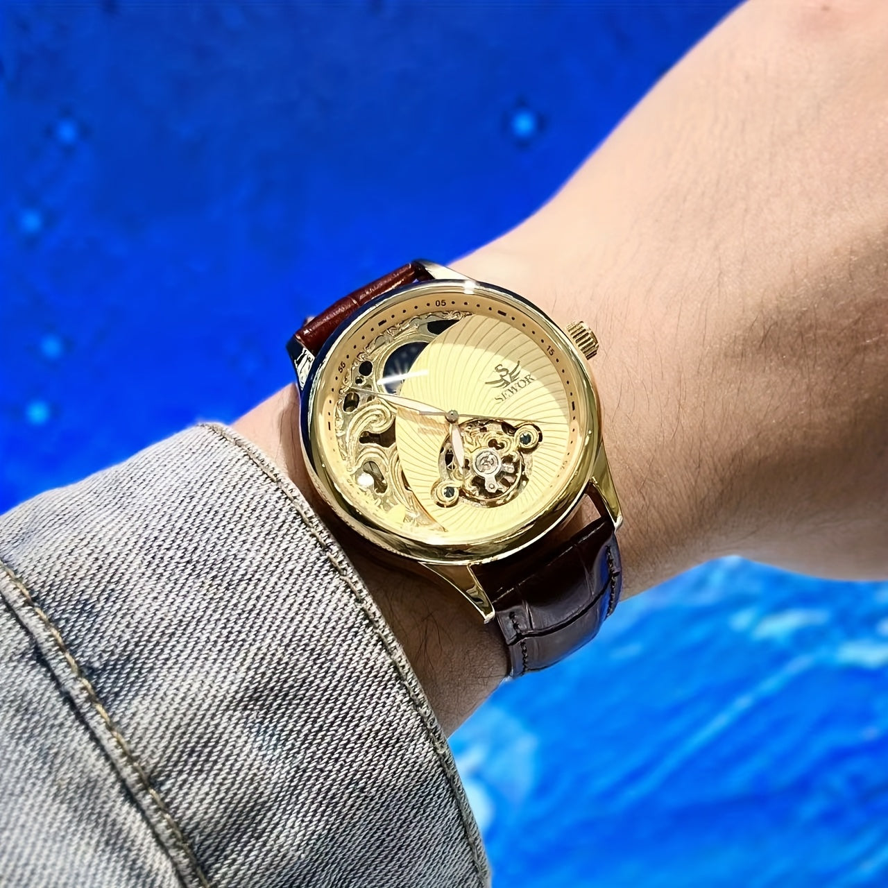 Men'S Vintage Mechanical Watch with Skeleton Design, Golden-Tone Alloy Case & Faux Leather Strap - Elegant Business Casual Wristwatch, No Battery Needed, Unique Gift for Him, Christmas Present, Luxury Watch, Sophisticated Craftsmanship