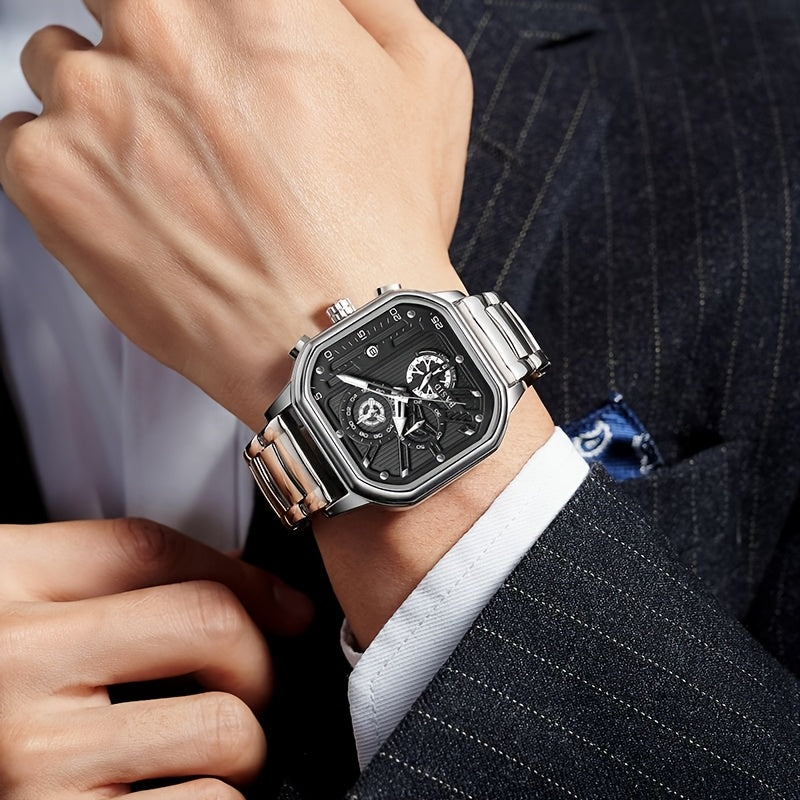 Men'S Elegant Black Silveryy Stainless Steel Quartz Watch with World Time & Date Display, Multi-Functional Dial, Pointer Display, Battery-Powered (Button Cell) for Casual & Formal Wear, Formal Timepiece, Robust Timepiece