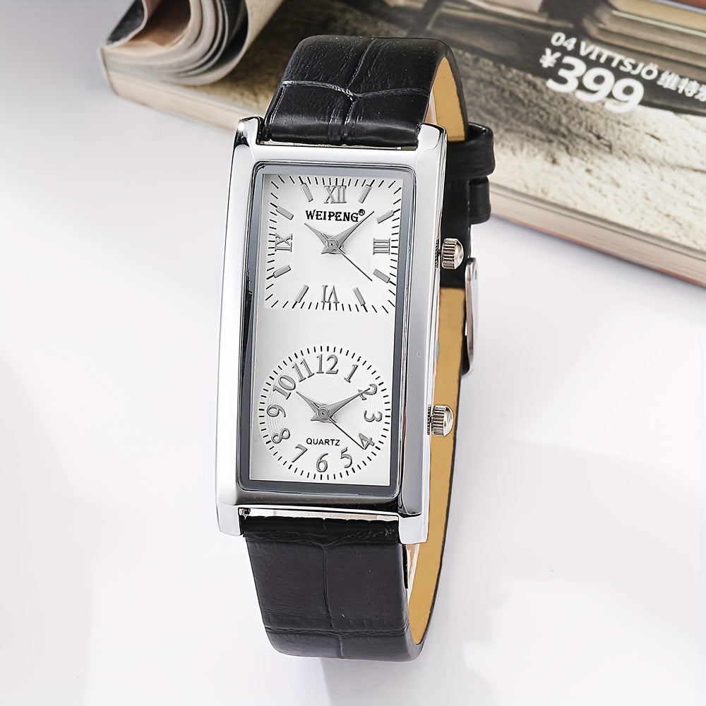 Dual Time Zone Watch Stylish Dual Time Zone Quartz Watch - Elegant Rectangular Face with Roman Numerals, Black PU Leather Strap, World Time Feature, Zinc Alloy Case, Perfect for Casual or Business Wear