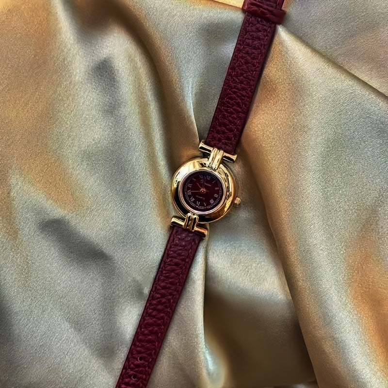 Elegant Women'S Quartz Watch with Red Faux Leather Strap - Bohemian Style, Round Dial, Golden-Tone Case, Perfect Gift for Her, Stylish Accessory|Bohemian Style Watch|Quartz Movement