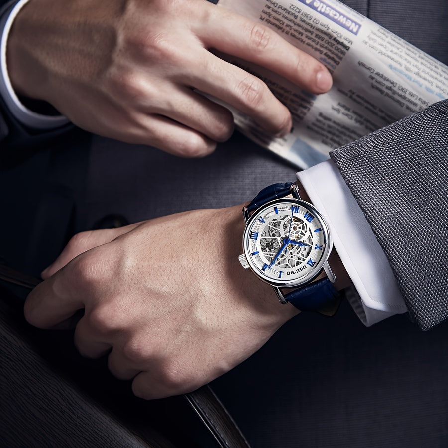 2025 Men's Automatic Skeleton Watch - Stainless Steel Case & PU Leather Strap, Exposed Mechanical Movement, No Battery Needed, Casual Luxury Style for Valentine's Day, Football Matches, Halloween, Christmas & Father's Day Gifts