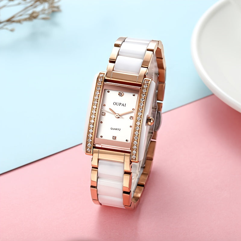 A Rectangular Dial Ladies Watch From Europe With A White Ceramic Case And Stainless Steel Strap, Featuring A Square Japanese Quartz Movement, Delicate And Versatile For Daily Casual Gatherings.