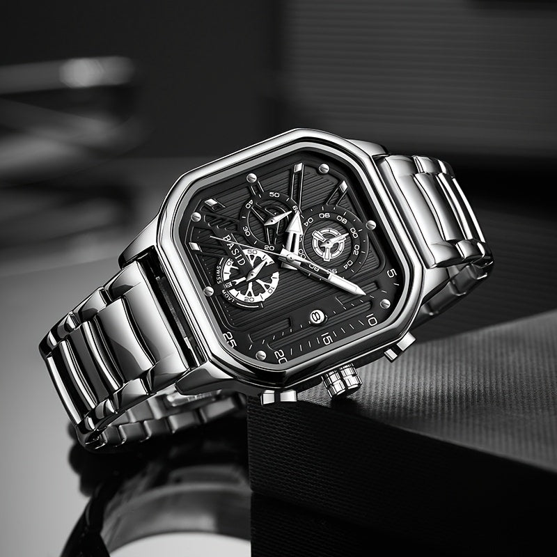 Men'S Elegant Black Silveryy Stainless Steel Quartz Watch with World Time & Date Display, Multi-Functional Dial, Pointer Display, Battery-Powered (Button Cell) for Casual & Formal Wear, Formal Timepiece, Robust Timepiece