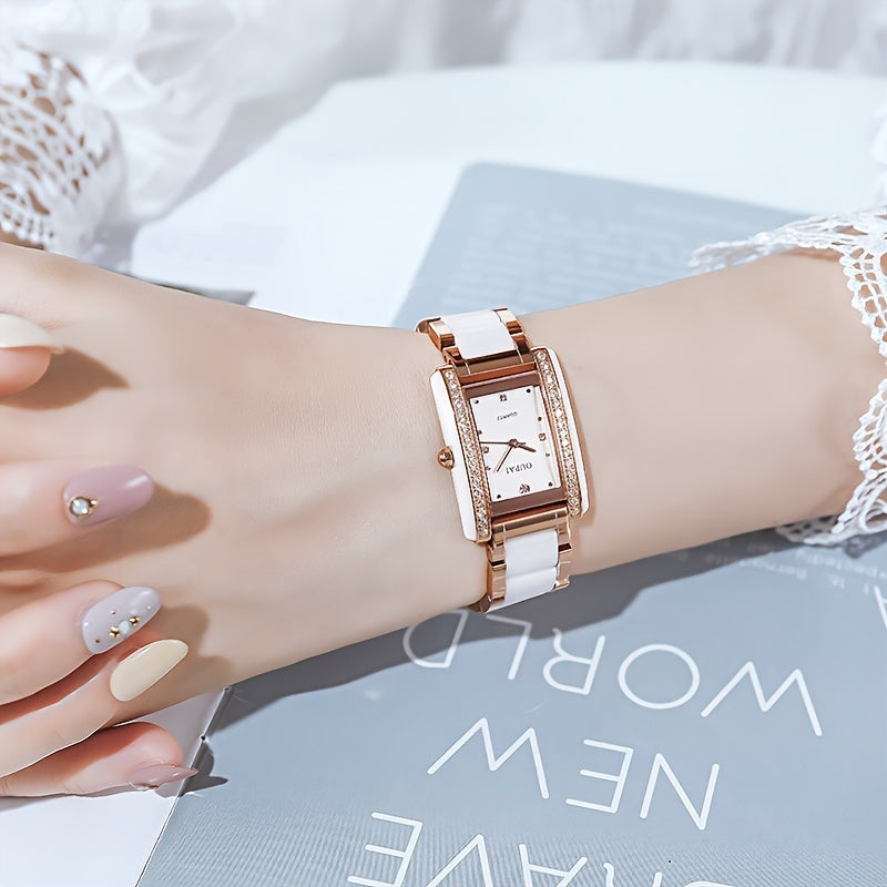 A Rectangular Dial Ladies Watch From Europe With A White Ceramic Case And Stainless Steel Strap, Featuring A Square Japanese Quartz Movement, Delicate And Versatile For Daily Casual Gatherings.