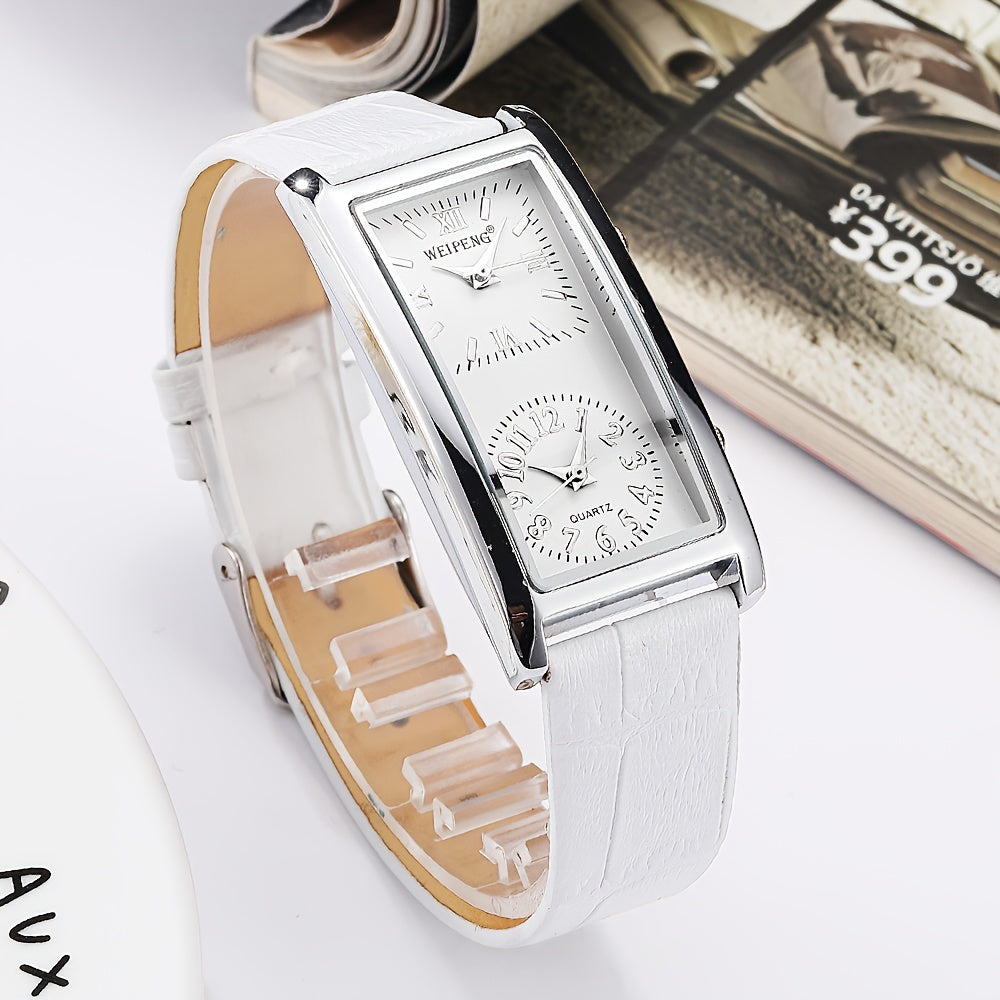 Dual Time Zone Watch Stylish Dual Time Zone Quartz Watch - Elegant Rectangular Face with Roman Numerals, Black PU Leather Strap, World Time Feature, Zinc Alloy Case, Perfect for Casual or Business Wear