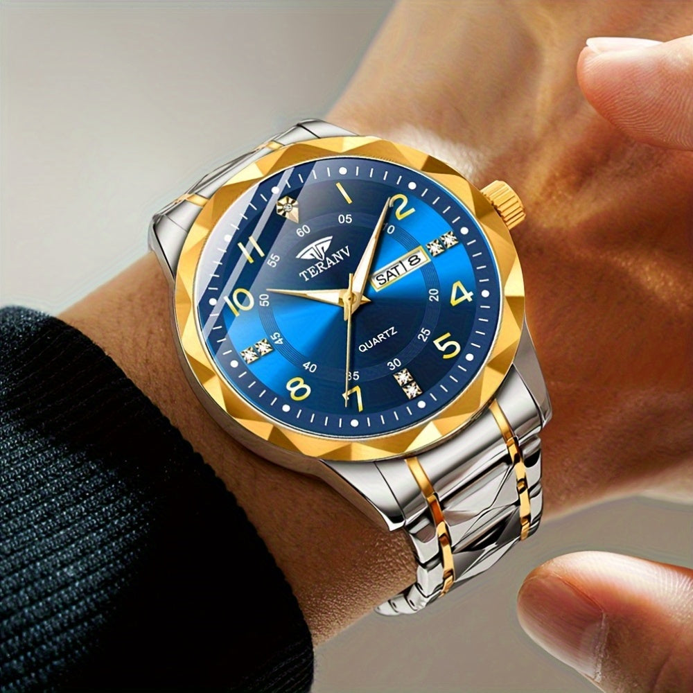 Fashion Men'S Quartz Watch Rhombus Numeral Dial Double Calendar Luminous Waterproof Steel Strap Watch Rhinestone Decorative Watch Business Watch Gift