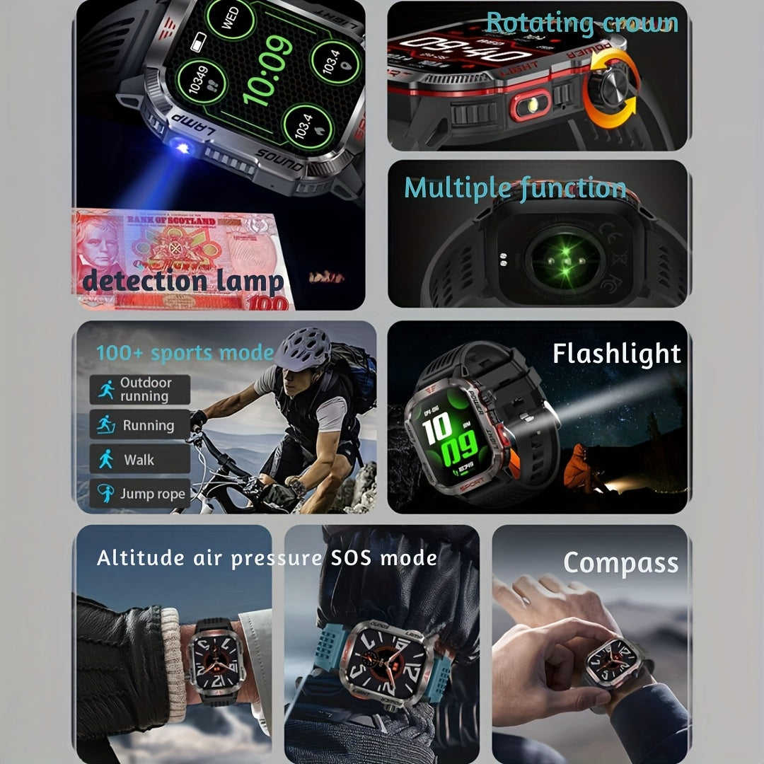 Effeokki Rugged Smart Watch for Men with Wireless Calling, 2.01 Inch IPS Display, 100+ Sports Modes, Fitness Tracker, Altitude air pressure, Compass, LED Flashlight, High Quality, Compatible with iPhone & Android for Outdoor & Adventure