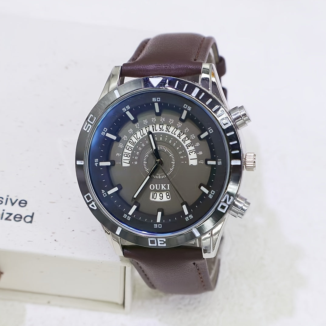 Men'S Business Casual Quartz Watch with Calendar, Date Display, and 24-Hour Time - Large Round Dial, Brown Faux Leather Strap, Alloy Case, Black Dial with White Markings, Battery Operated, Business Casual Wear | Sleek Watch Design | Alloy Case Watch