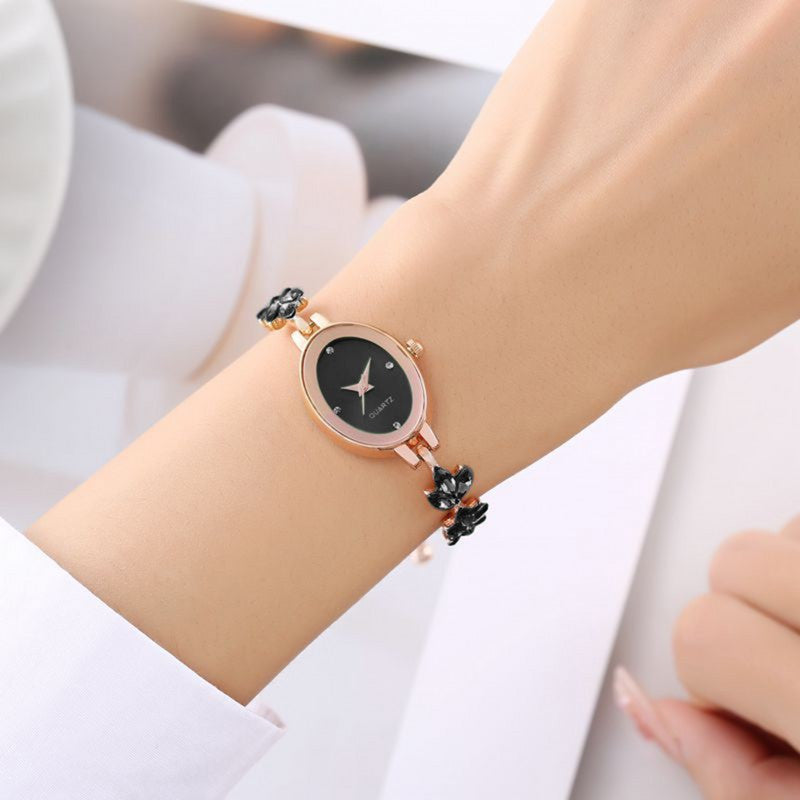 Elegant Rose Golden Women'S Watch with Black Leaf Accents - Mechanical Movement, Alloy Case & Band, Dial Display, Non, Stylish Accessory for Casual Attire, Casual Accessory | Elegant Watch Design | Alloy Watch Case