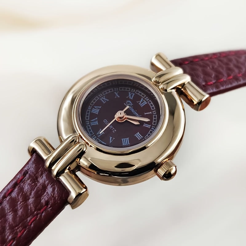 Elegant Women'S Quartz Watch with Red Faux Leather Strap - Bohemian Style, Round Dial, Golden-Tone Case, Perfect Gift for Her, Stylish Accessory|Bohemian Style Watch|Quartz Movement
