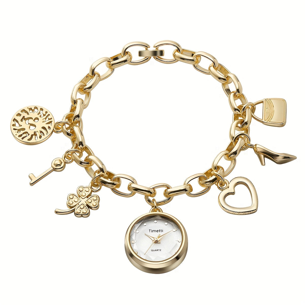 Bohemian Wristwatch Bracelet with Golden-Tone Zinc Alloy Case, Stainless Steel Band & Quartz Movement - Decorative Charms (Clover, Key, Star) for Casual Attire or Gift