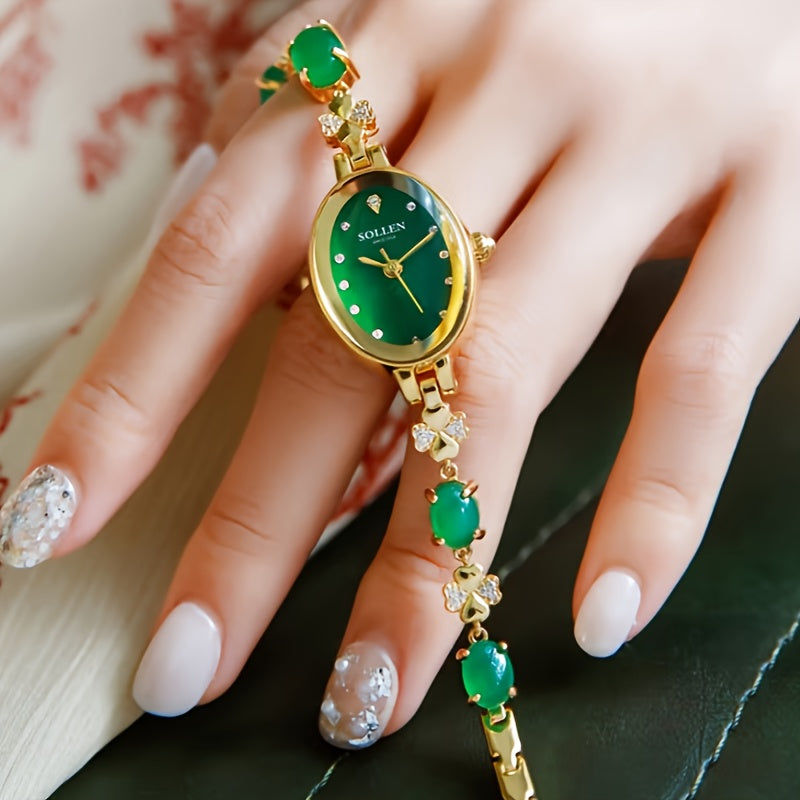 Vintage Oval Radiance Quartz Bracelet Watch for Women - Emerald Green Dial & Rose Golden Case, Sparkling Accents, Elegant Romantic Design for Valentine's Day, Chinese New Year, Mardi Gras Gifts, Bling Watch, Special Occasion Wristwatch, Goldtone Bracelet