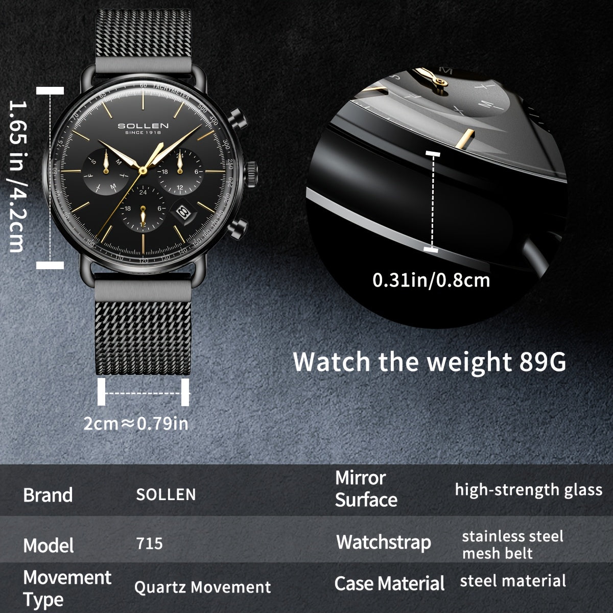 Men's Quartz Mesh Watch Model 705 - Boardroom Maverick Collection, Stainless Steel Case & Mesh Strap, Black Dial with Golden Accents, Business Casual Watch for Professionals, Casual Attire & Gifts Suitable for teens