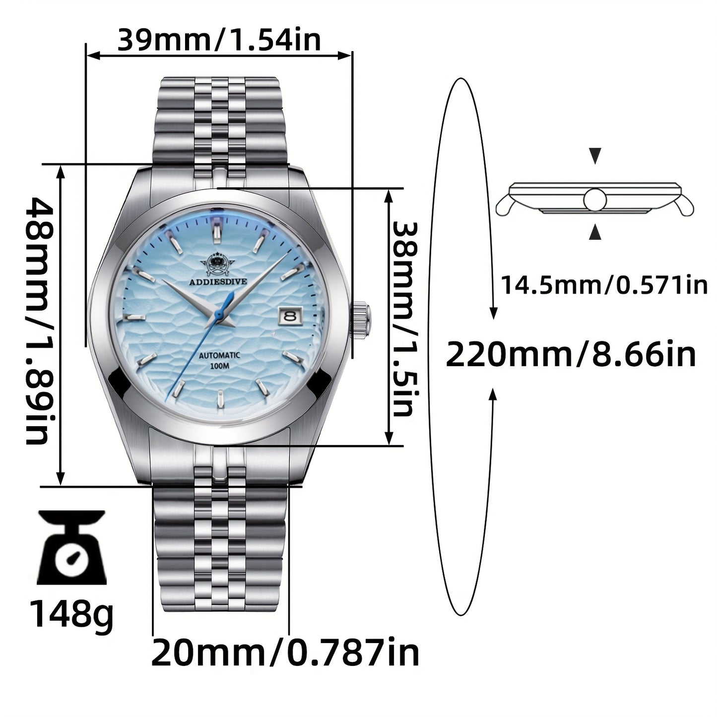 ADDIESDIVE Men's Fashion Mechanical Watch, 39mm Business, NH35A Mechanical Movement, Stainless Steel Strap, Suitable for Gifting Friends and Family
