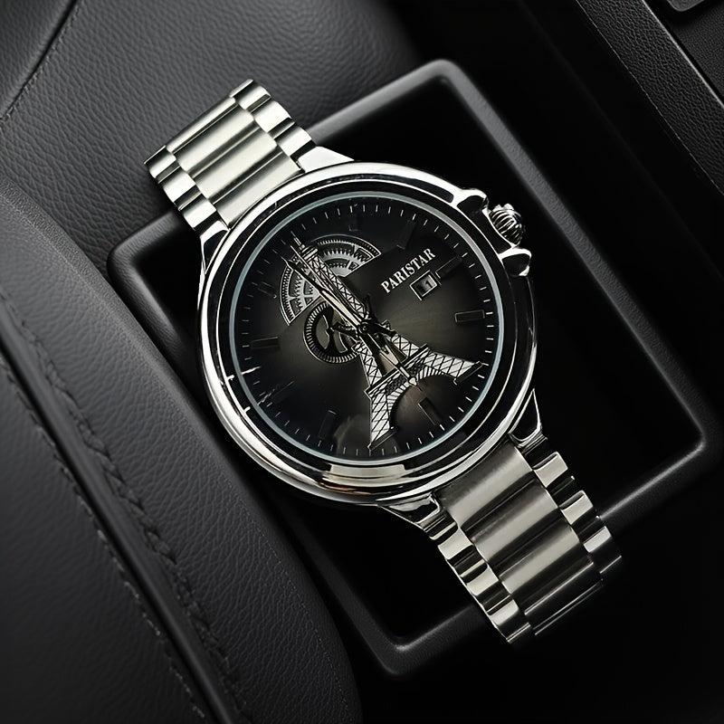 Men's Classic Quartz Watch with Unique Iron Tower Design