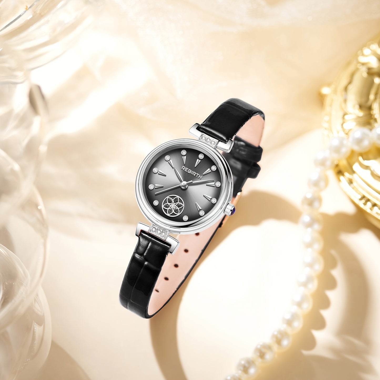 Rebirth Vintage Quartz Wristwatch for Women - Pink Faux Leather Strap, Black Dial with Date Display, Round Zinc Alloy Case, Battery Operated, Elegant Casual Style, Casual Wristwatch | Elegant Wristwatch | Durable Wristwatch