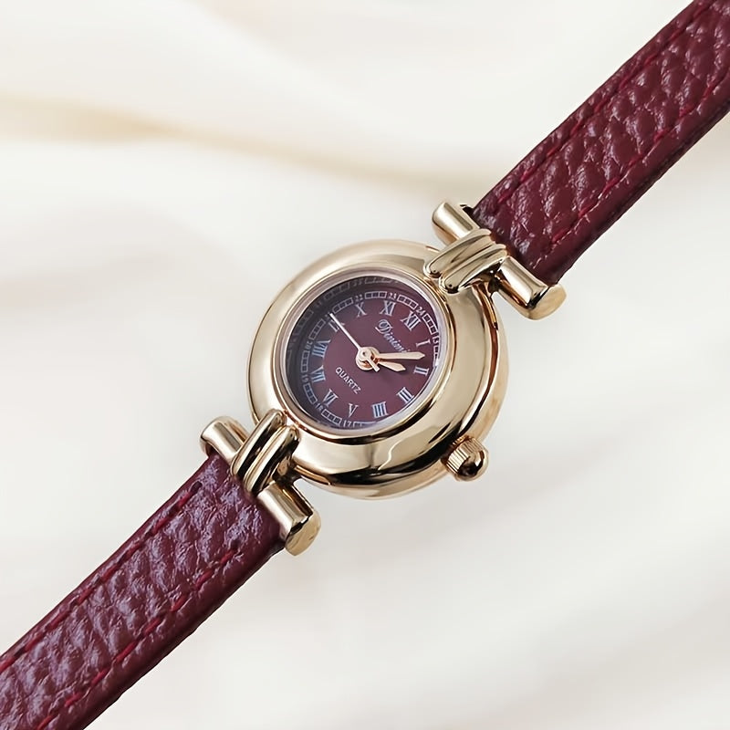 Elegant Women'S Quartz Watch with Red Faux Leather Strap - Bohemian Style, Round Dial, Golden-Tone Case, Perfect Gift for Her, Stylish Accessory|Bohemian Style Watch|Quartz Movement