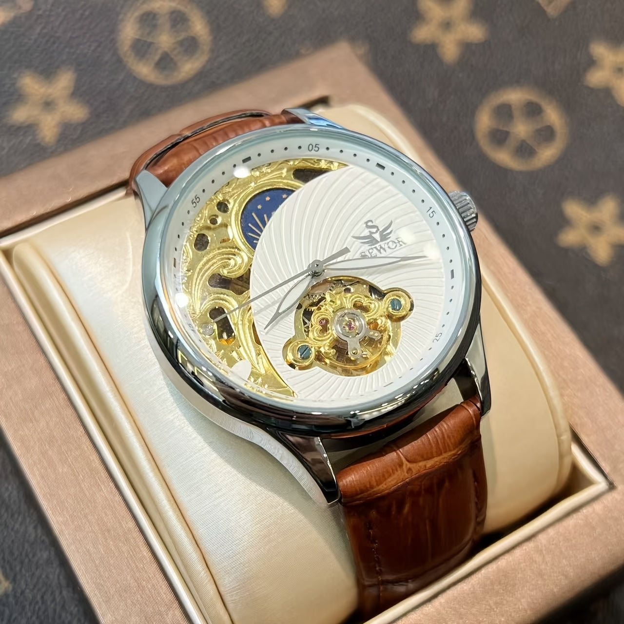 Men'S Vintage Mechanical Watch with Skeleton Design, Golden-Tone Alloy Case & Faux Leather Strap - Elegant Business Casual Wristwatch, No Battery Needed, Unique Gift for Him, Christmas Present, Luxury Watch, Sophisticated Craftsmanship