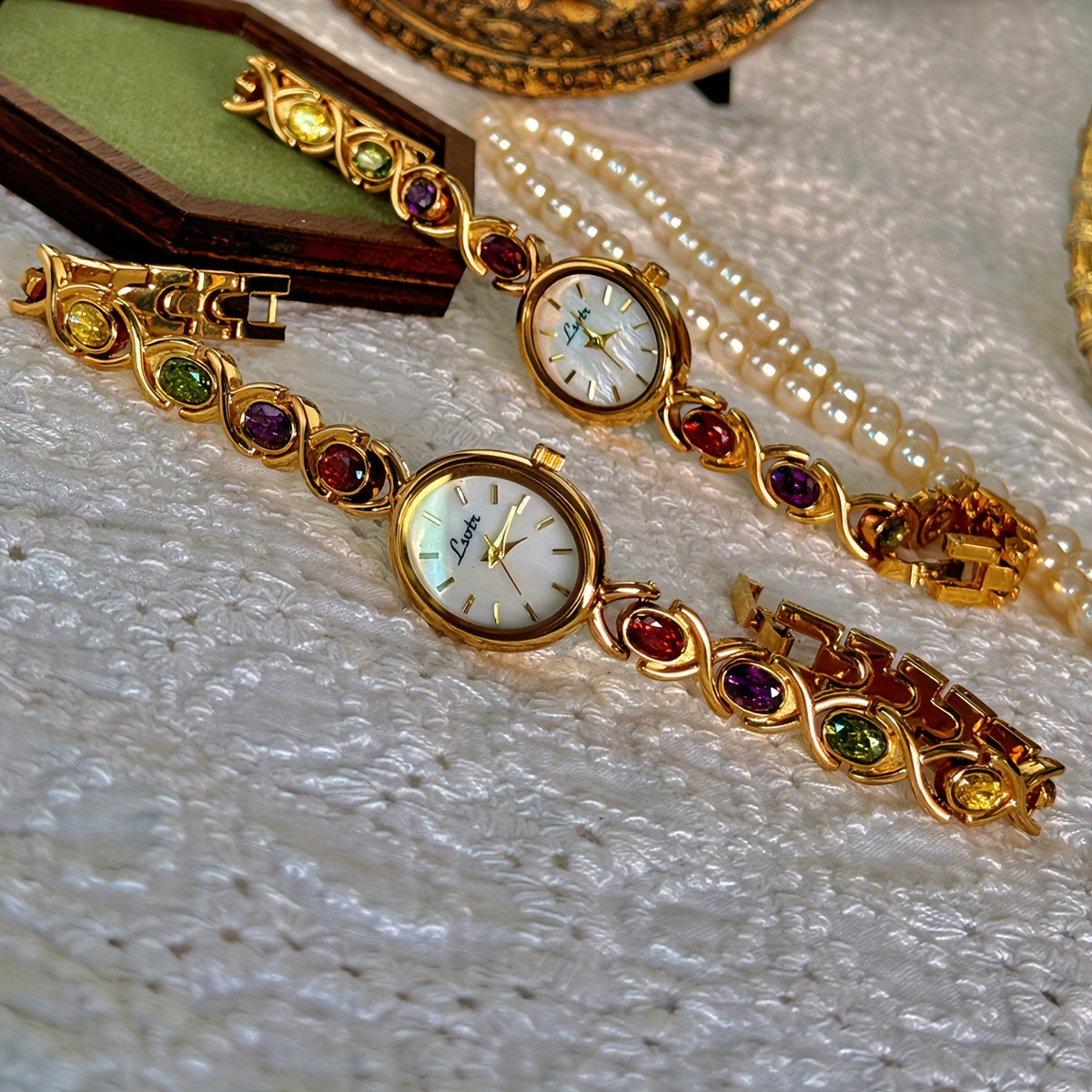Quartz Watch with Gemstone Accents Boho Style Oval Quartz Wrist Watch for Women with Gemstone Accents, Analog Display, Non-, Alloy Band & Case, Elegant Vintage Fashion, Perfect for Daily Wear, Parties & Gifts