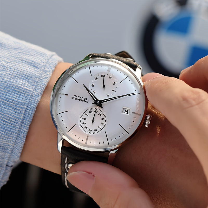 FEICE Brand Magic Pattern Series 3D Double Curved Surface Mirror Business Casual Men's Watch Automatic Mechanical Watch Cowhide Strap Simple Men's Watch Waterproof Luminous Hands Independent Second Dial Calendar Energy Needle Indication