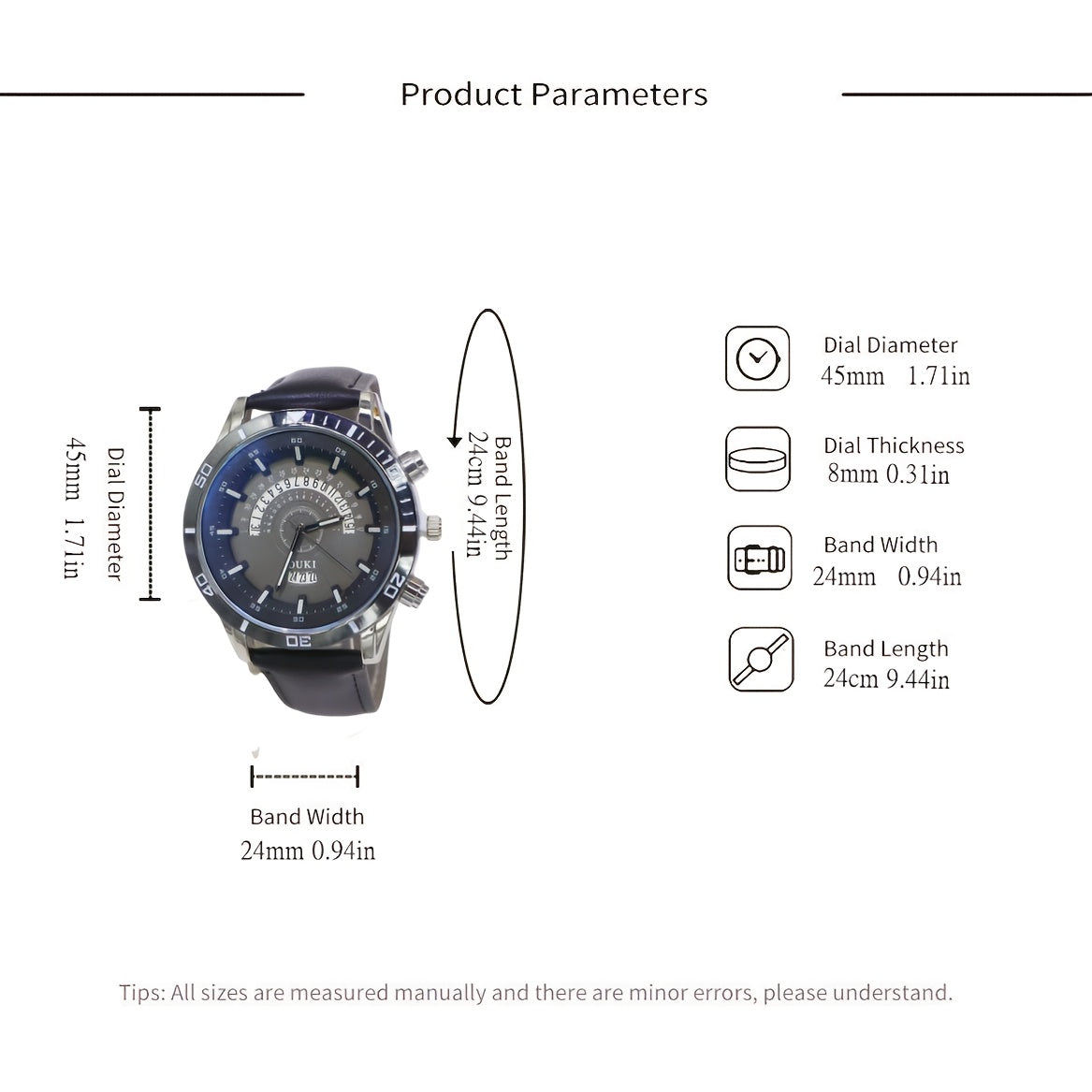 Men'S Business Casual Quartz Watch with Calendar, Date Display, and 24-Hour Time - Large Round Dial, Brown Faux Leather Strap, Alloy Case, Black Dial with White Markings, Battery Operated, Business Casual Wear | Sleek Watch Design | Alloy Case Watch