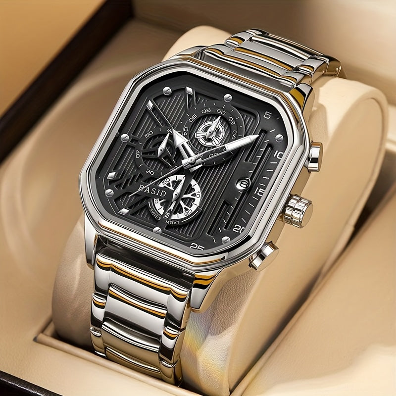Men'S Elegant Black Silveryy Stainless Steel Quartz Watch with World Time & Date Display, Multi-Functional Dial, Pointer Display, Battery-Powered (Button Cell) for Casual & Formal Wear, Formal Timepiece, Robust Timepiece