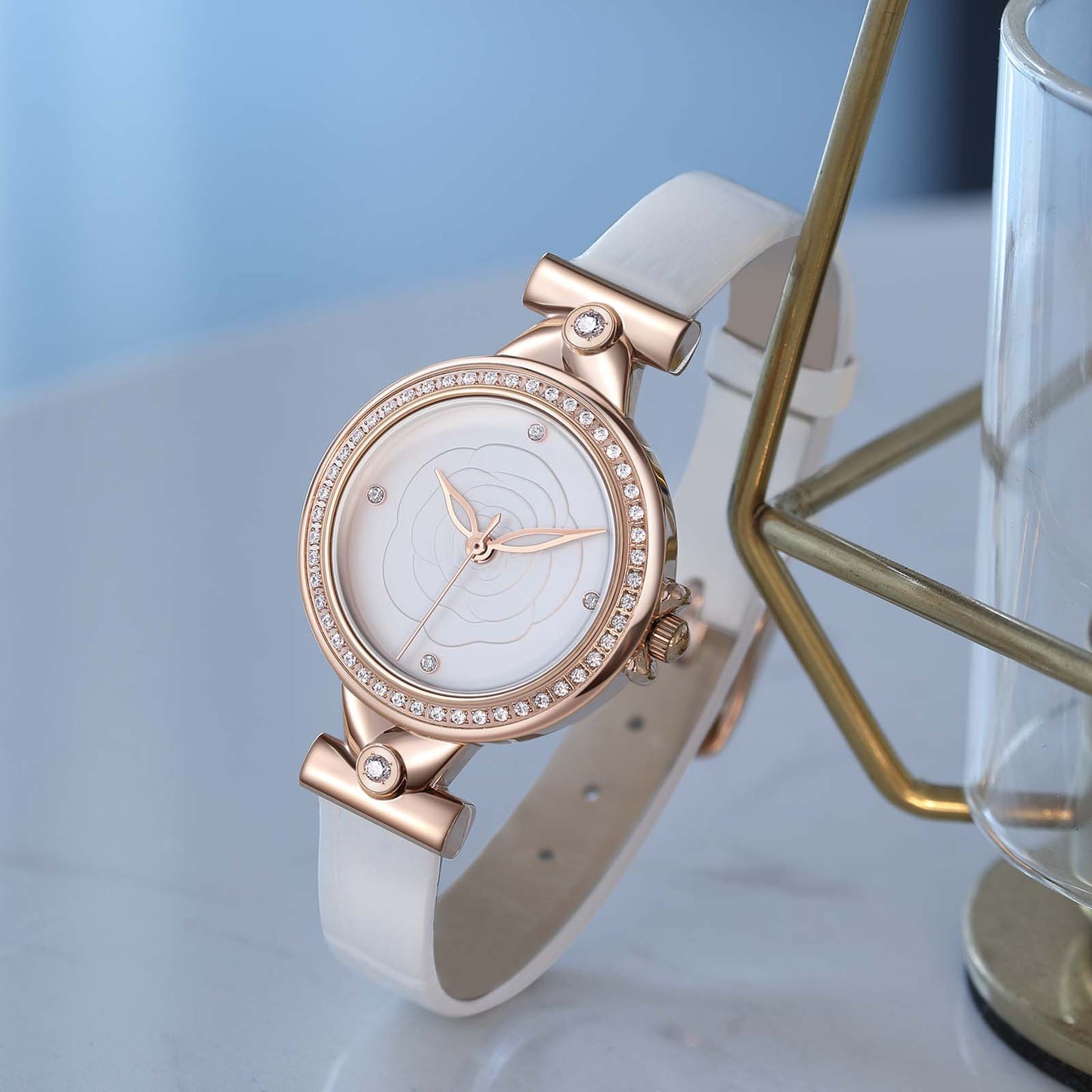 Elegant Rose Golden Quartz Watch for Women - Minimalist Business Casual Style with Floral Engraved Dial, White Calfskin Strap, and Golden-Tone Case, Perfect for Casual Attire, Casual Wear Watch | Floral Engraved Watch | Quartz Movement