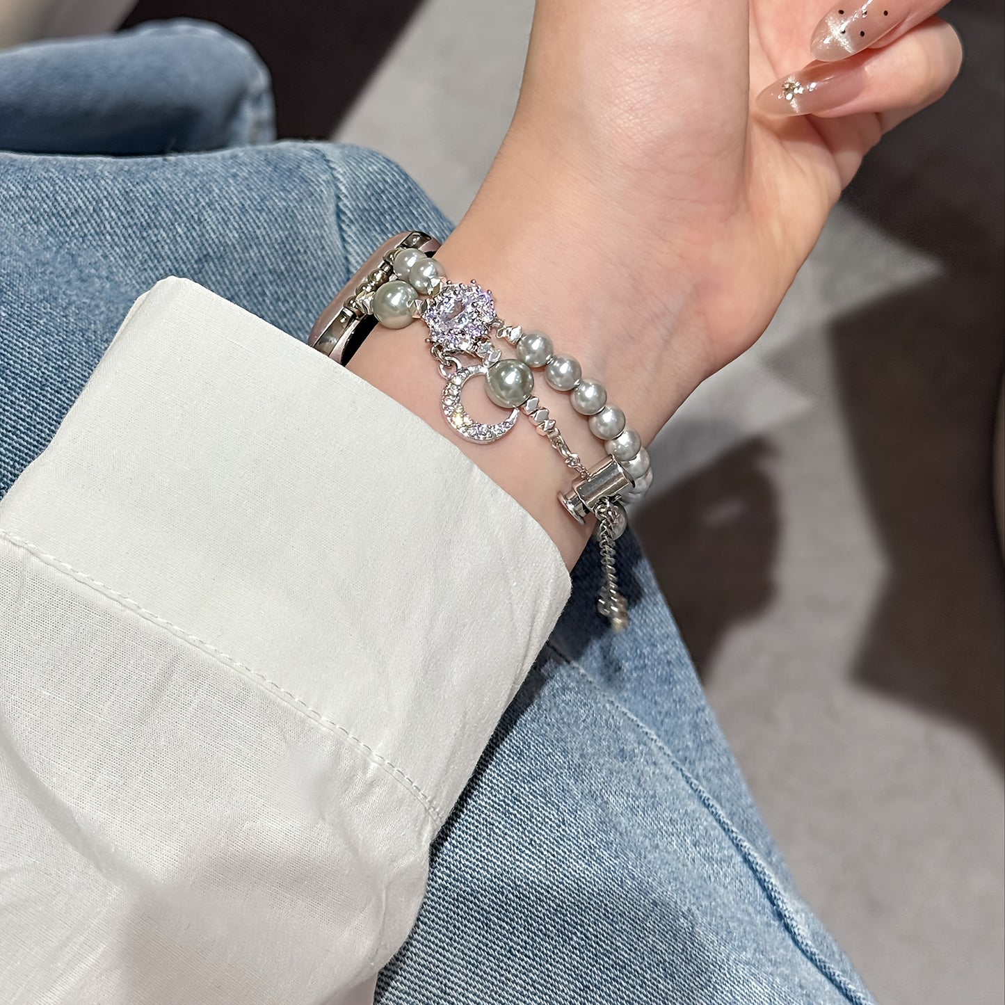 Elegant Star and Moon Design Smartwatch Band with Faux Pearls and Sparkling Crystals, Durable Metal Alloy Watch Strap for Apple Watch - No Battery, Tech Accessory | Elegant Accessory | Alloy Constructio