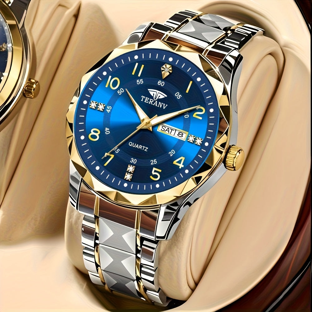 Fashion Men'S Quartz Watch Rhombus Numeral Dial Double Calendar Luminous Waterproof Steel Strap Watch Rhinestone Decorative Watch Business Watch Gift
