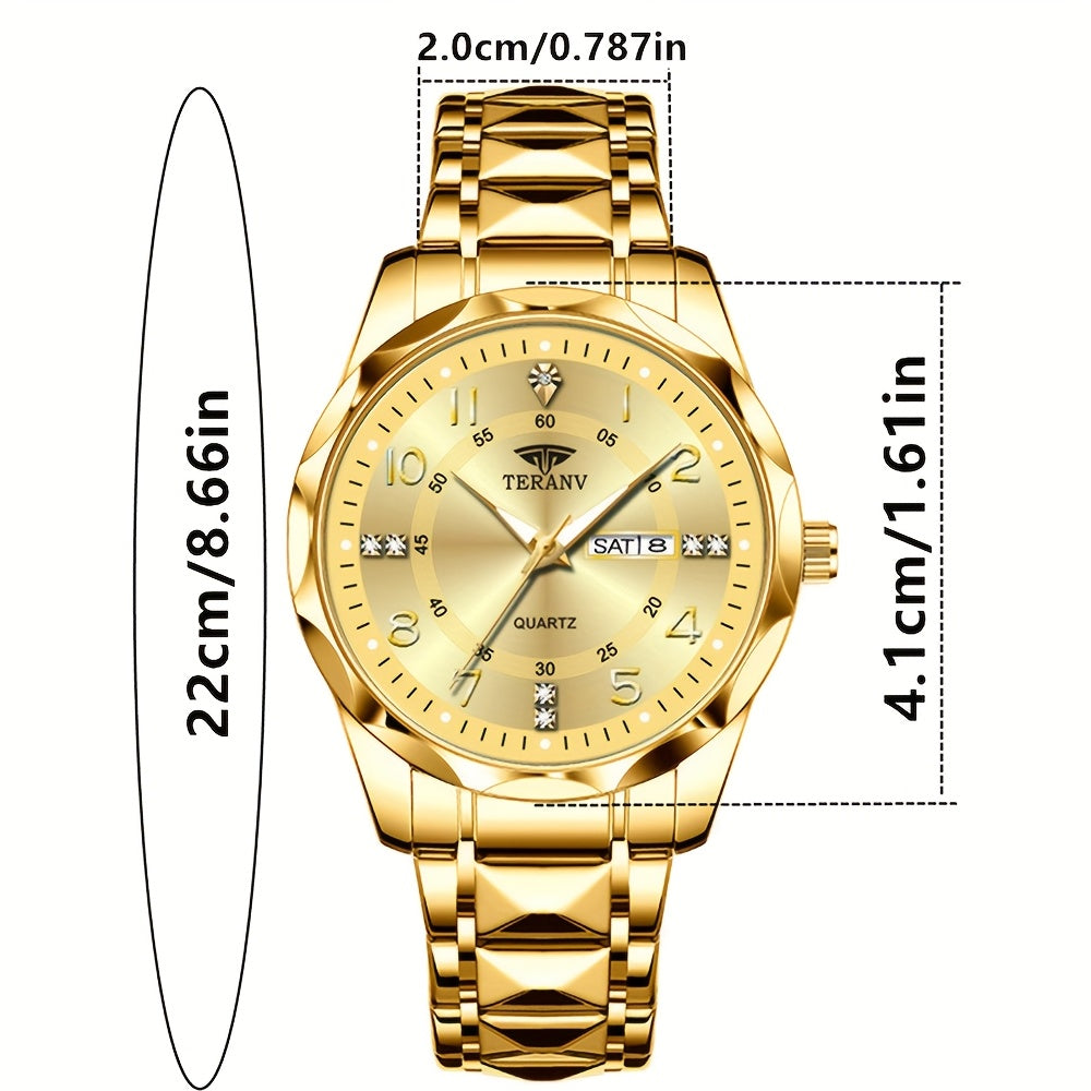 Fashion Men'S Quartz Watch Rhombus Numeral Dial Double Calendar Luminous Waterproof Steel Strap Watch Rhinestone Decorative Watch Business Watch Gift
