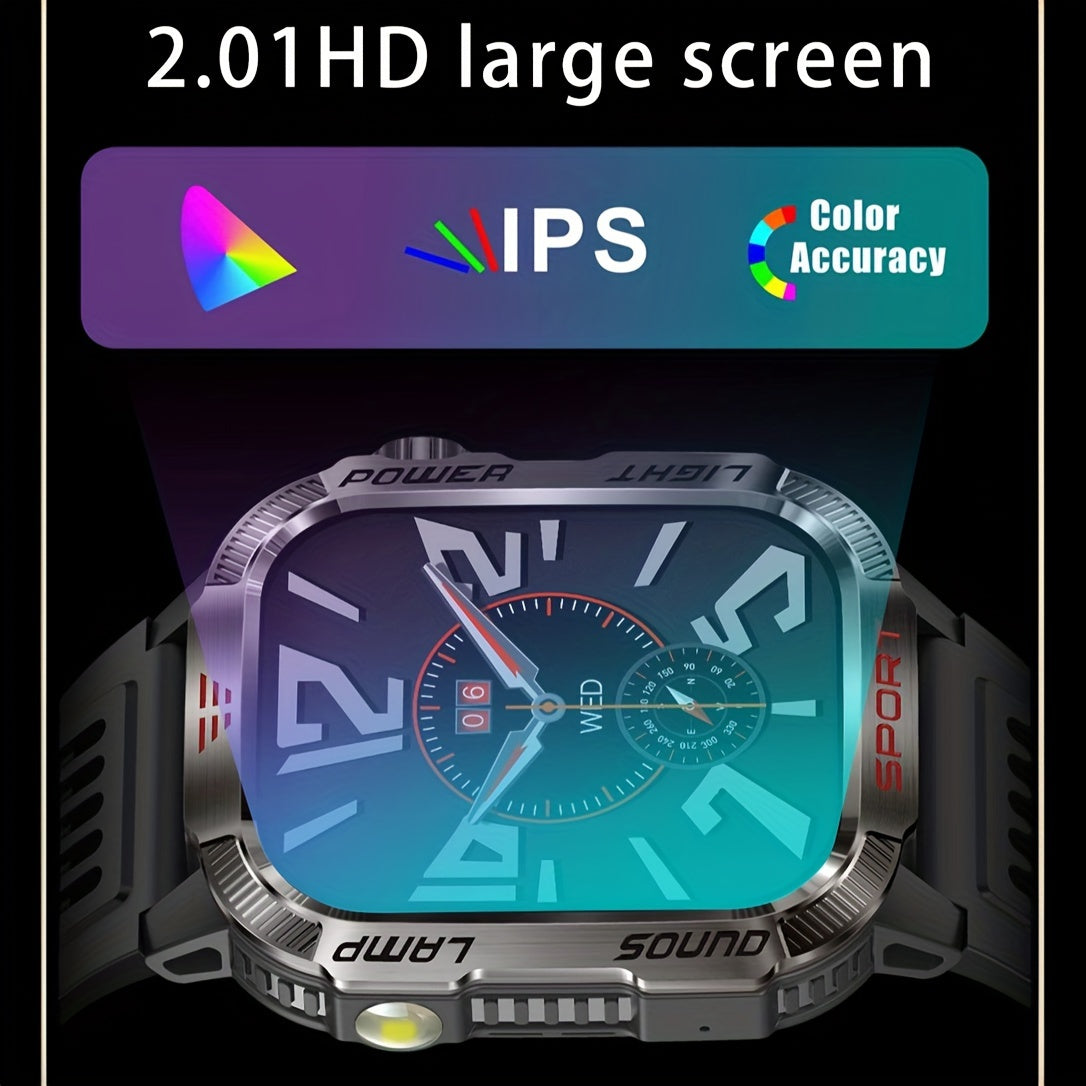 Effeokki Rugged Smart Watch for Men with Wireless Calling, 2.01 Inch IPS Display, 100+ Sports Modes, Fitness Tracker, Altitude air pressure, Compass, LED Flashlight, High Quality, Compatible with iPhone & Android for Outdoor & Adventure