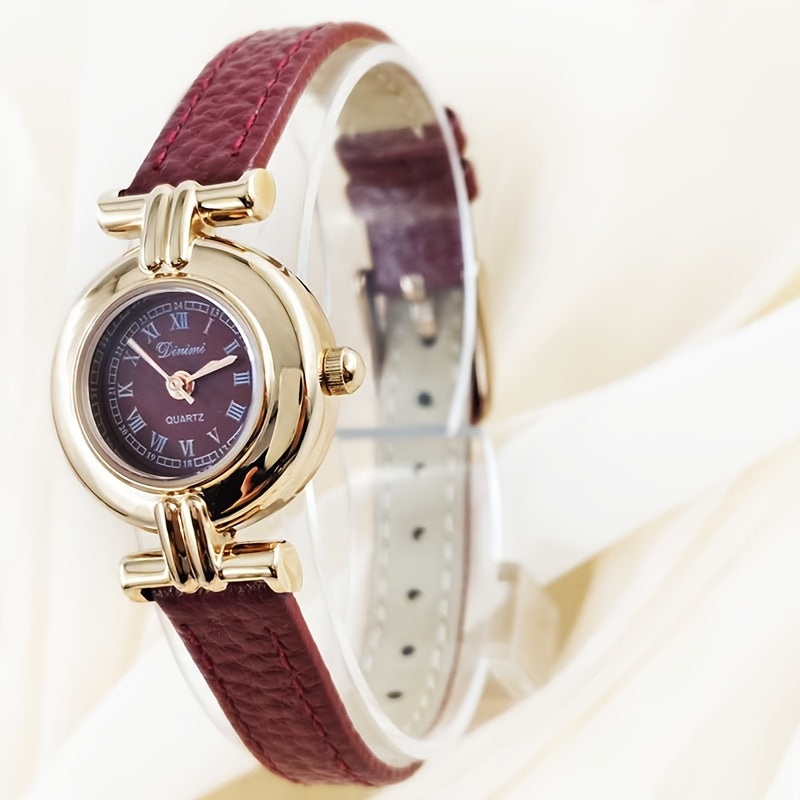 Elegant Women'S Quartz Watch with Red Faux Leather Strap - Bohemian Style, Round Dial, Golden-Tone Case, Perfect Gift for Her, Stylish Accessory|Bohemian Style Watch|Quartz Movement