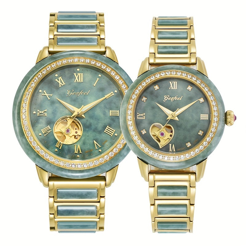 Luxury Watch GEZFEEL Luxury Mechanical Watch, Jade Hollow-Out | Stainless Steel Band, Fashionable Couples' Timepiece