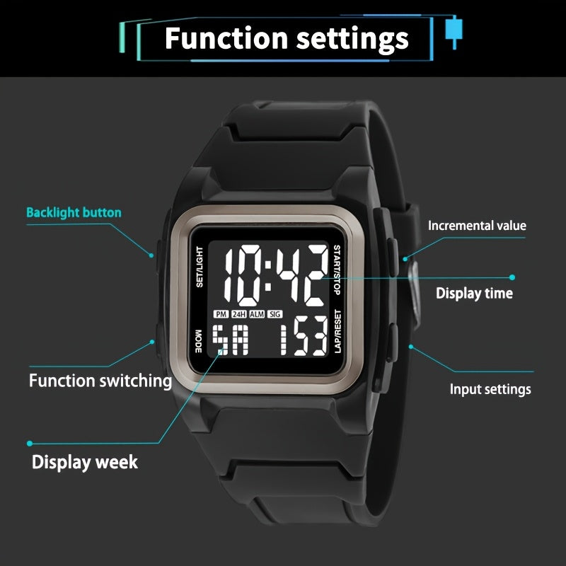 Unisex Square LED Watch with Night Light - Stylish & Functional for Men, Women & Teens