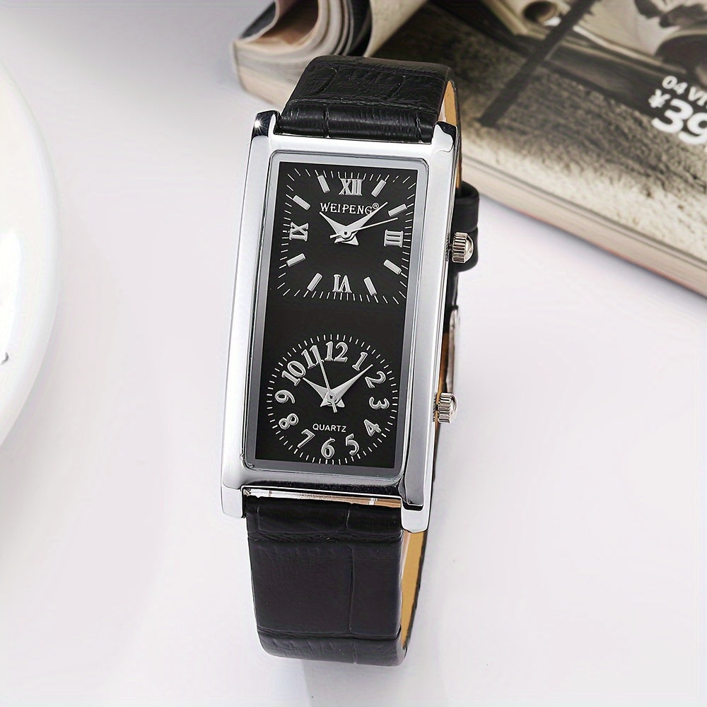 Dual Time Zone Watch Stylish Dual Time Zone Quartz Watch - Elegant Rectangular Face with Roman Numerals, Black PU Leather Strap, World Time Feature, Zinc Alloy Case, Perfect for Casual or Business Wear