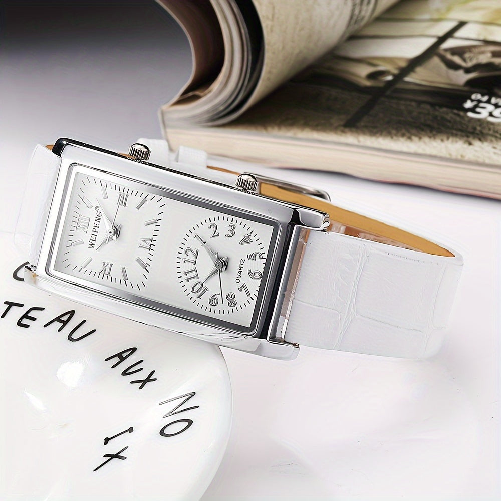 Dual Time Zone Watch Stylish Dual Time Zone Quartz Watch - Elegant Rectangular Face with Roman Numerals, Black PU Leather Strap, World Time Feature, Zinc Alloy Case, Perfect for Casual or Business Wear