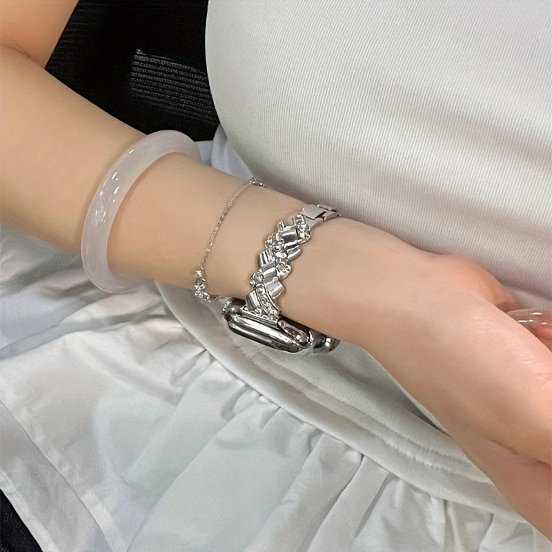 Compatible with iWatch S10 New Strap, Apple Watch Series 9 & 8, Men's and Women's Cuban Link Bracelet with Diamond Accents