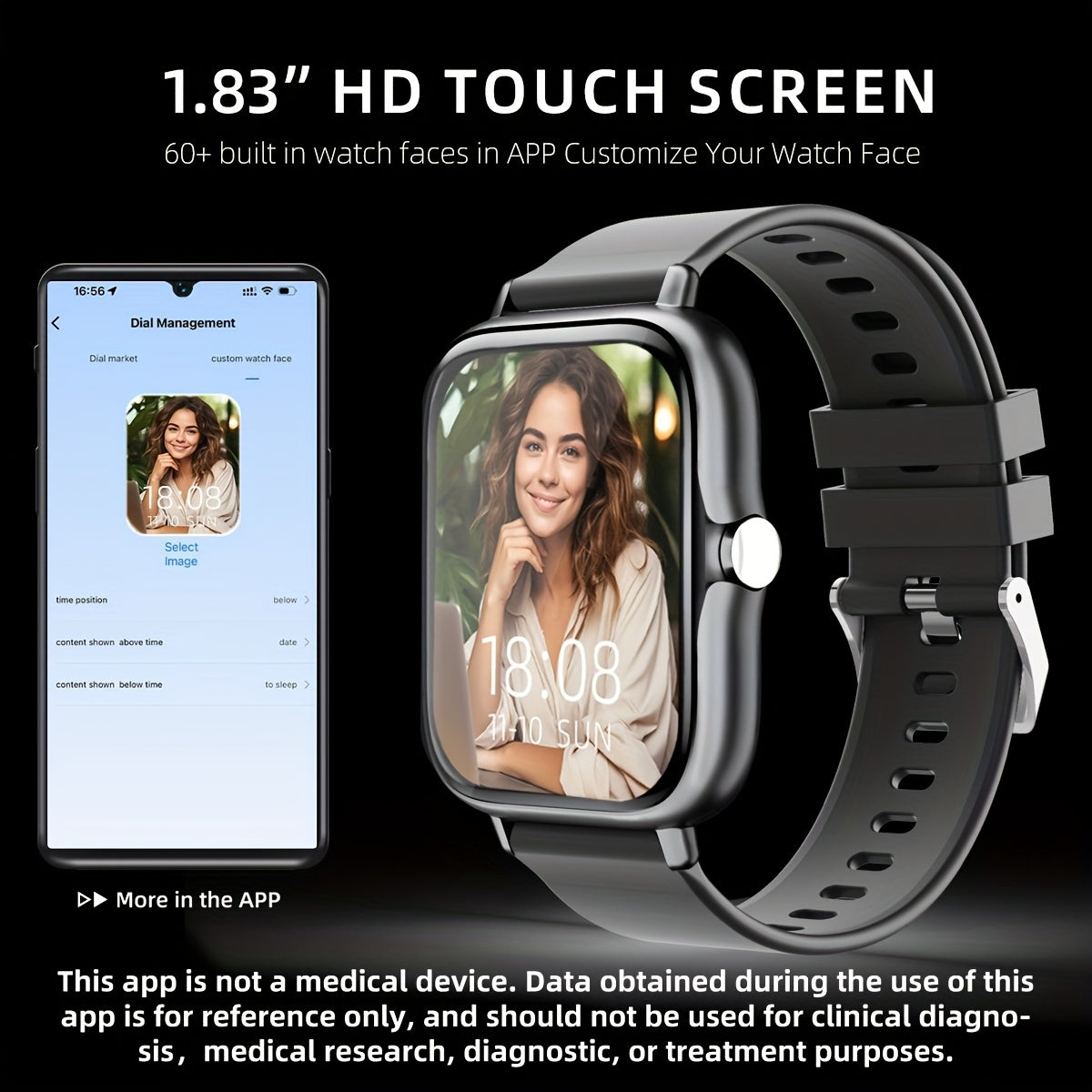 Wireless Smartwatch with 1.83'' HD Touchscreen – Smart Notifications, Sleep Tracking, Multi-Sport Modes, Large Battery | Compatible with iPhone & Android | Fitness Watch for Men & Women
