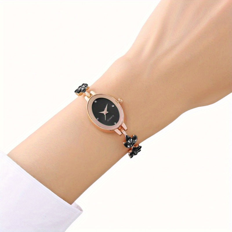 Elegant Rose Golden Women'S Watch with Black Leaf Accents - Mechanical Movement, Alloy Case & Band, Dial Display, Non, Stylish Accessory for Casual Attire, Casual Accessory | Elegant Watch Design | Alloy Watch Case