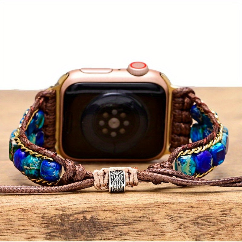 Bohemian Style Deep Blue & Purple Floral Stone Beaded Watch Strap - Handwoven Synthetic Synthetic Stone, Adjustable Metal Clasp for Fitness & Casual Wear, Fitness Accessory, Floral Pattern, Braided Design