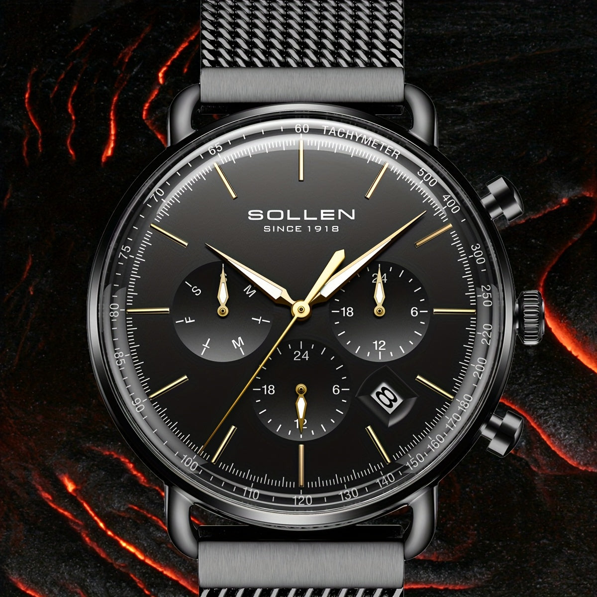 Men's Quartz Mesh Watch Model 705 - Boardroom Maverick Collection, Stainless Steel Case & Mesh Strap, Black Dial with Golden Accents, Business Casual Watch for Professionals, Casual Attire & Gifts Suitable for teens
